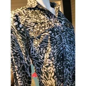 Calvin Klein women dress shirt Sheer White Green safari Collared Cuff Sleeve